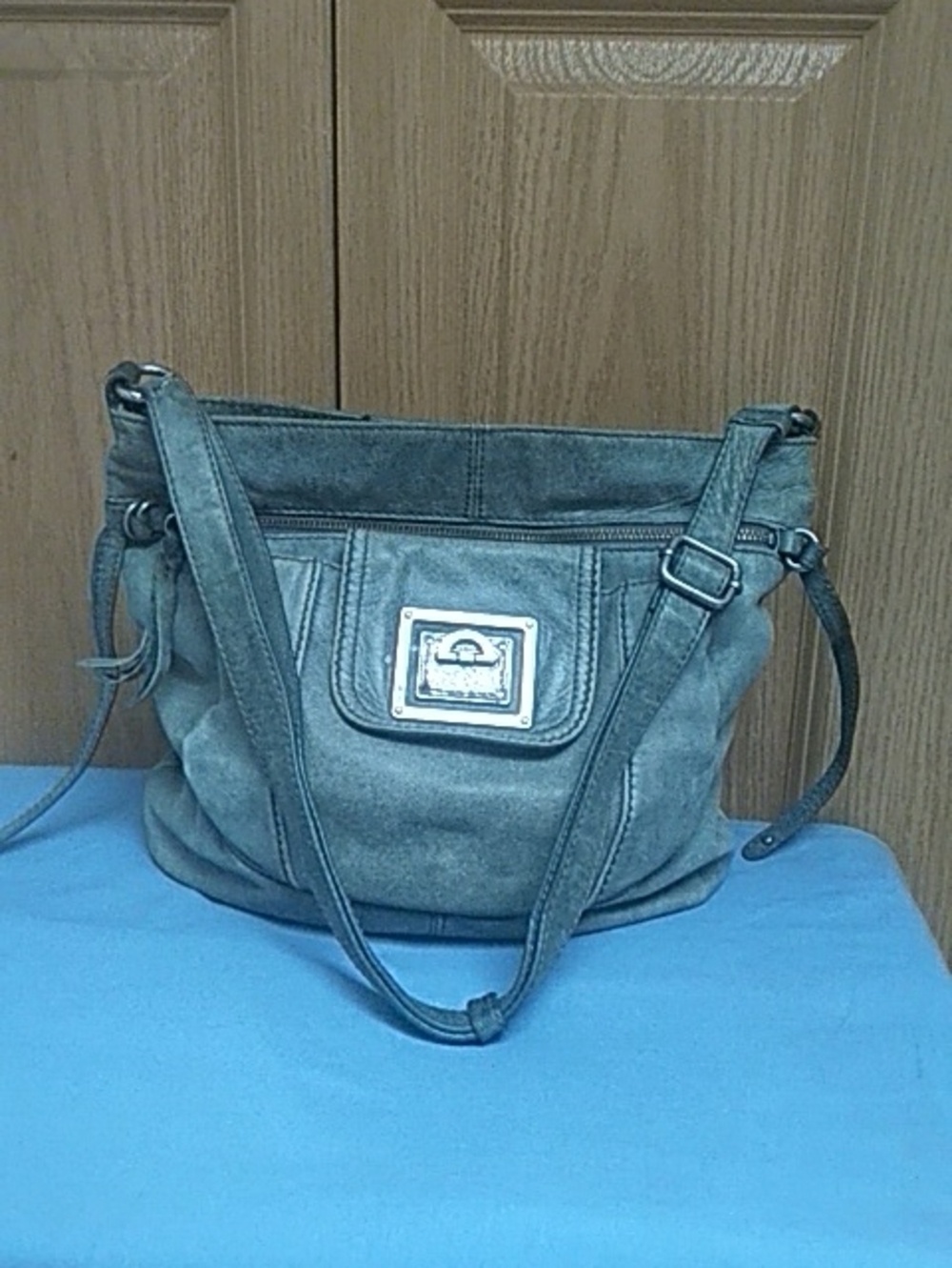 The Sak Soft Leather Crossbody Hobo Bag in Gray/Green